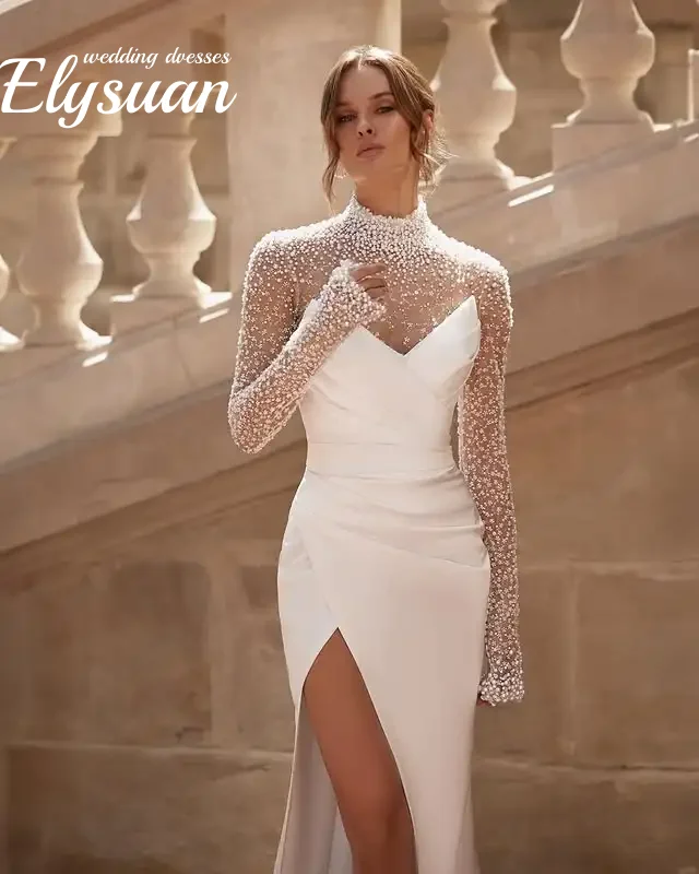 Customized Simple Pleat V-neck Satin Sheath Wedding Dresses With Long Sleeves Jacket Side Slit Vestidos De Novia