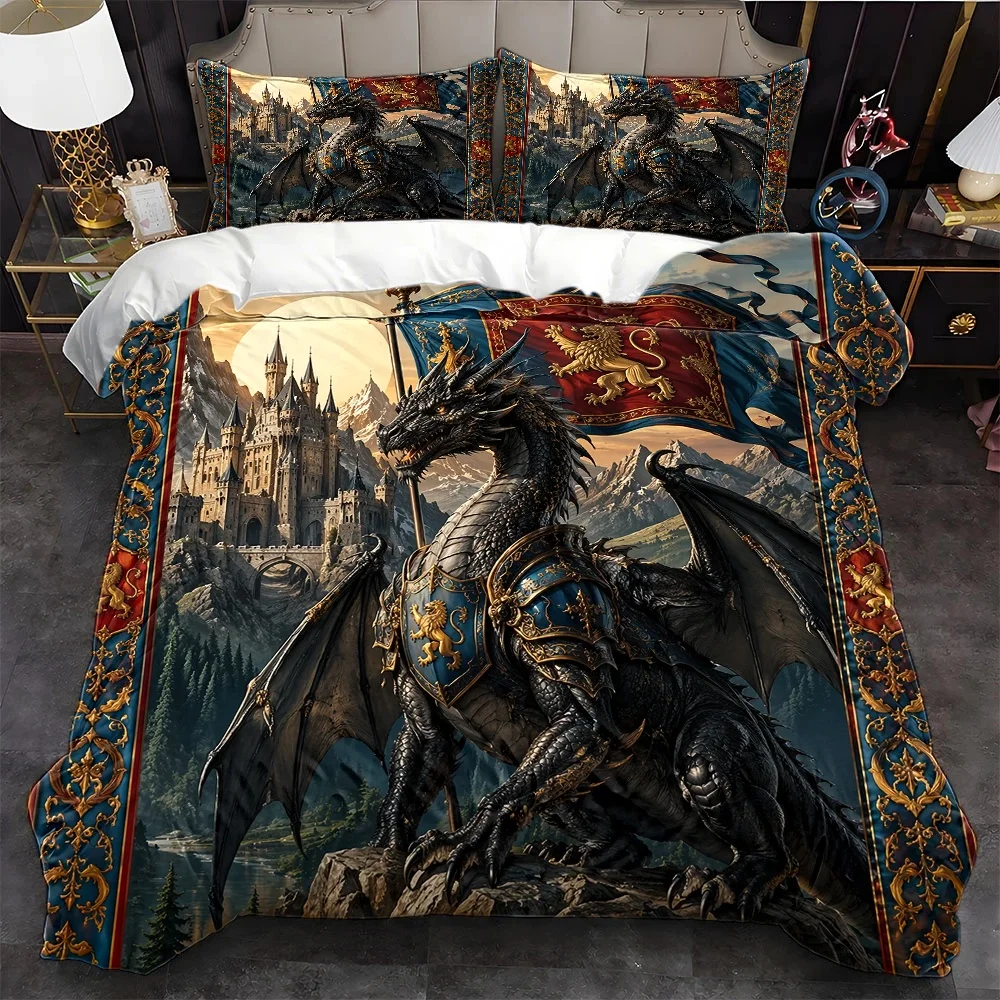 3Pc Medieval Dragon Castle Theme Duvet Cover Set, Three-Piece Bed Set (1*Duvet Cover + 2*Pillowcases), Suitable for All Seasons, Machine Washable, Invisible Zipper Design, Large Double Bed Cover, Retro Fantasy Style Bedding, Suitable for Home Master Bedroom, Guest Room, Dormitory, Luxurious Embroidery Craftsmanship, Nordic Castle and Mountain Elements, Comfortable and Skin-Friendly Fabric, 2D Flat Print