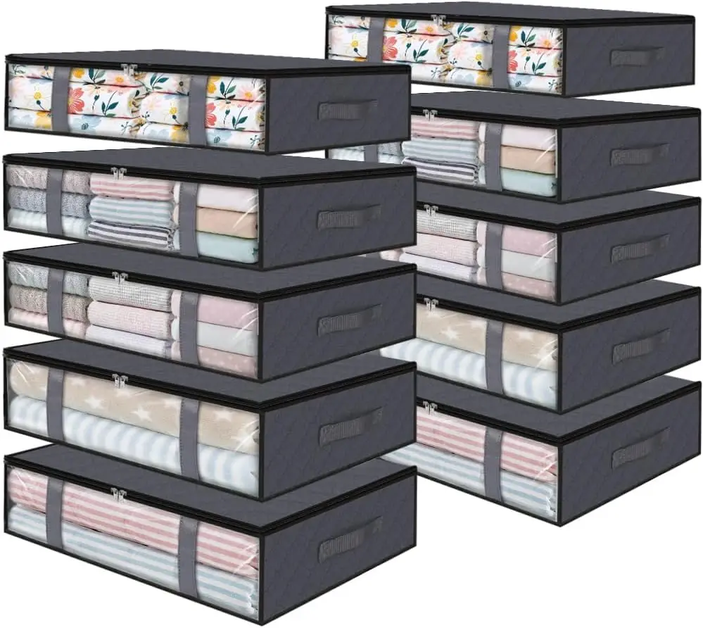 

Foldable Under Bed Storage Bags, 10-Pack 40L with Transparent Window, Breathable Organizer for Clothes and Blankets, Grey