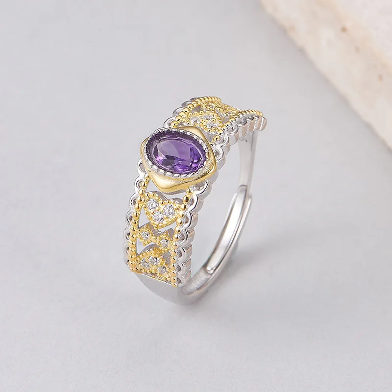 New S925 Sterling Silver Jewelry Inlaid With Amethyst Retro Palace Style Hollowed Out Full Diamond Engagement Ring Selected Gift
