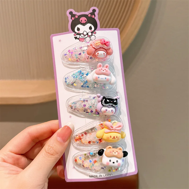 5Pcs Sanrio Kuromi Cinnamoroll Girls Hairpin Kawaii Babies Hair Clip My Melody Princess quicksand Babies Clips Girl Accessories