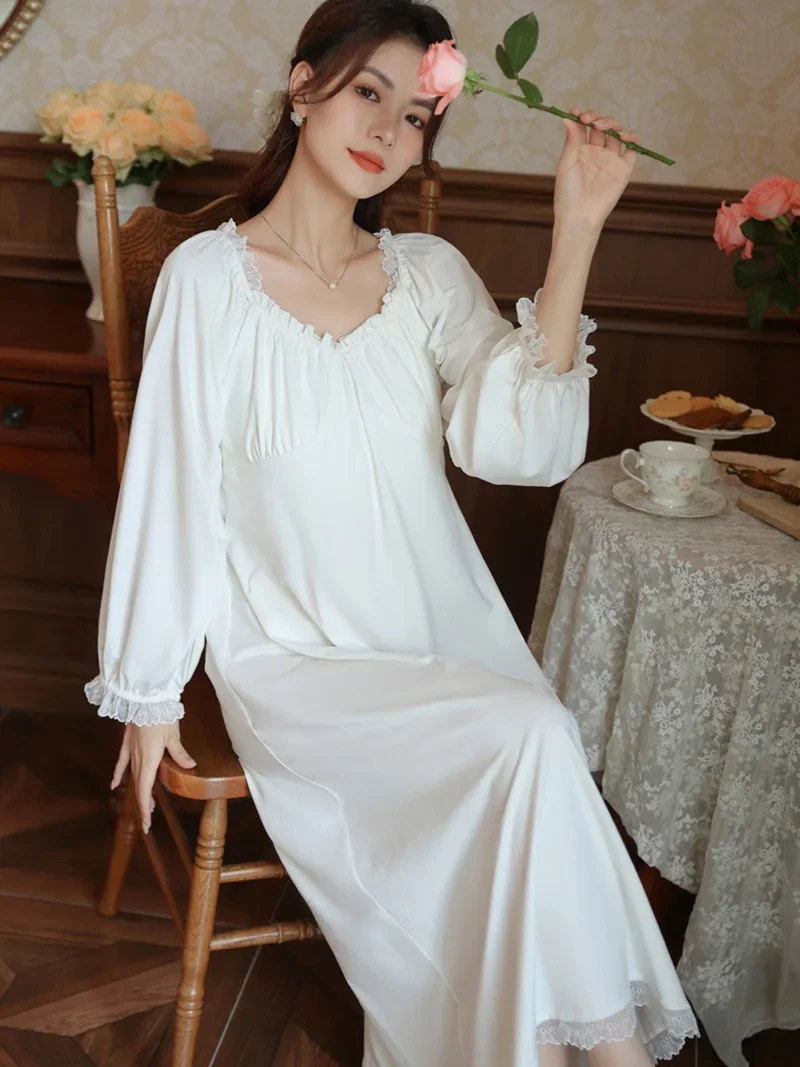 Women Long Sleeve Victorian Nightgowns Night Dress Spring Cotton Ruffles Fairy Pajamas French Vintage Princess Loose Sleepwear