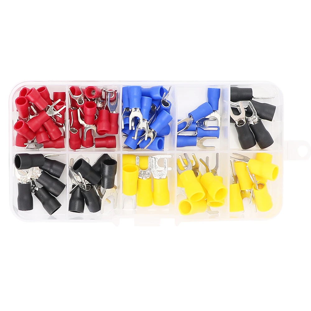 (80PCS SV 10Kinds) Insulated Cable Connector Electrical Wire Crimp Butt Terminals Ring Fork Set Ring Lugs Rolled Kit