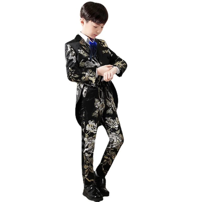 

New Arrival high quality SFlower Suit Tuxedo Print Boys Piano Catwalk Show Host Performance Dress size 110 120 130 140 150 160