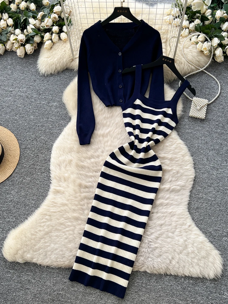 Gestricktes Dr-Set für Damen, lang, Sve, gestreift, Innenbekleidung, Strickjacke, hohe Taille, schmale Passform, Pendeln, Herbst-Faion-Ensemble