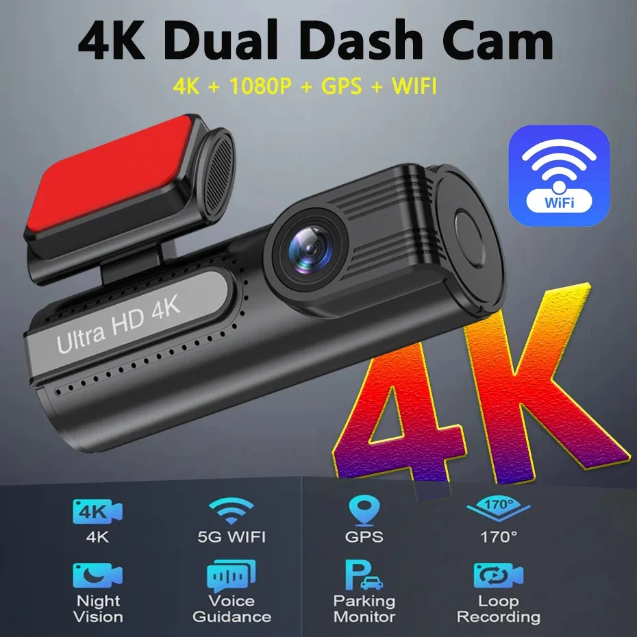 4K WiFi Dash Cam Camera for Car Front and Rear Dual Lens DVR Auto Dashcam GPS Tracker Video Recorder Support 24H Parking Monitor