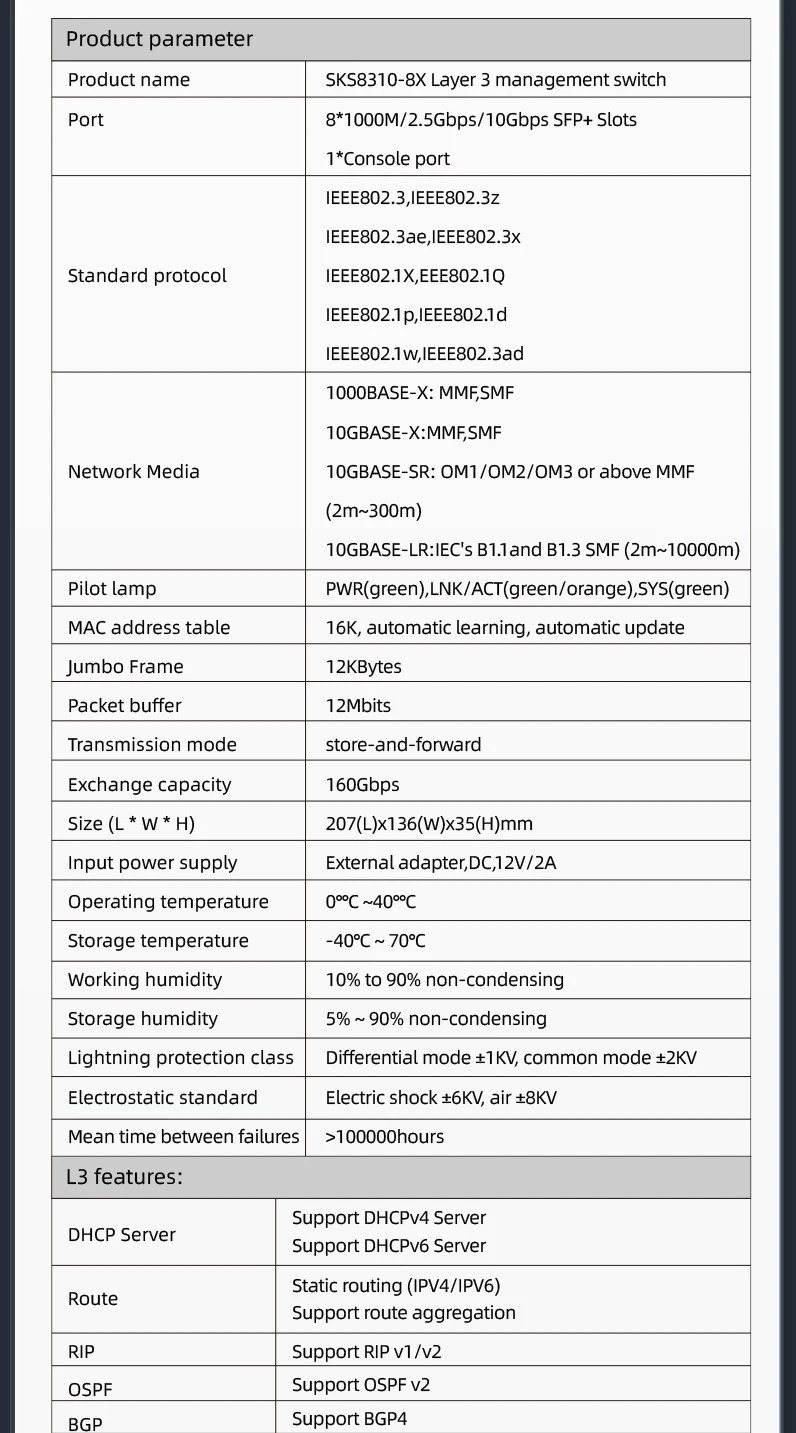 XikeStor Dreischichtiges Management Voll-10G-Switch, Kostengünstiger Switch, 8 1G/2.5G/10G SFP+ Optische Ports + 1 RJ45-Konsolenmanagement – Detail 5