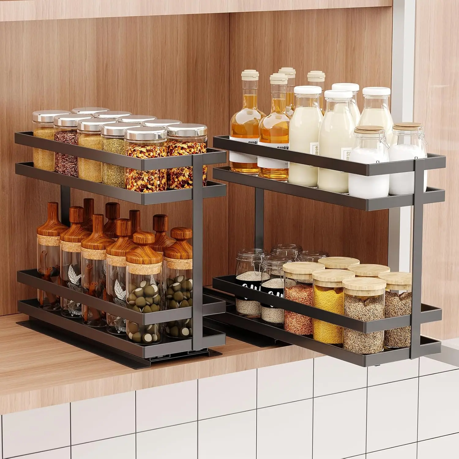 

2 Pack Pull Out Spice Rack Organizer for Cabinet, 2 Tier Metal Slide Out Seasoning Organizer and Storage Heavy Duty Vertical