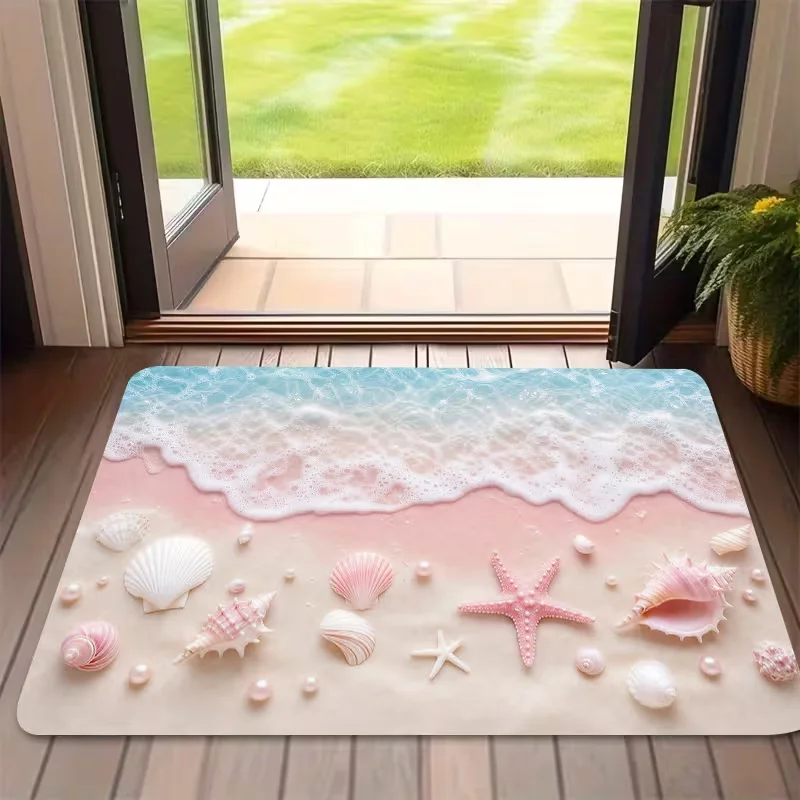 Pink Beach Waves Seashell Starfish Pearl Doormat Summer Seaside Print Soft Entrance Rug Indoor Outdoor Coastal Style Carpet