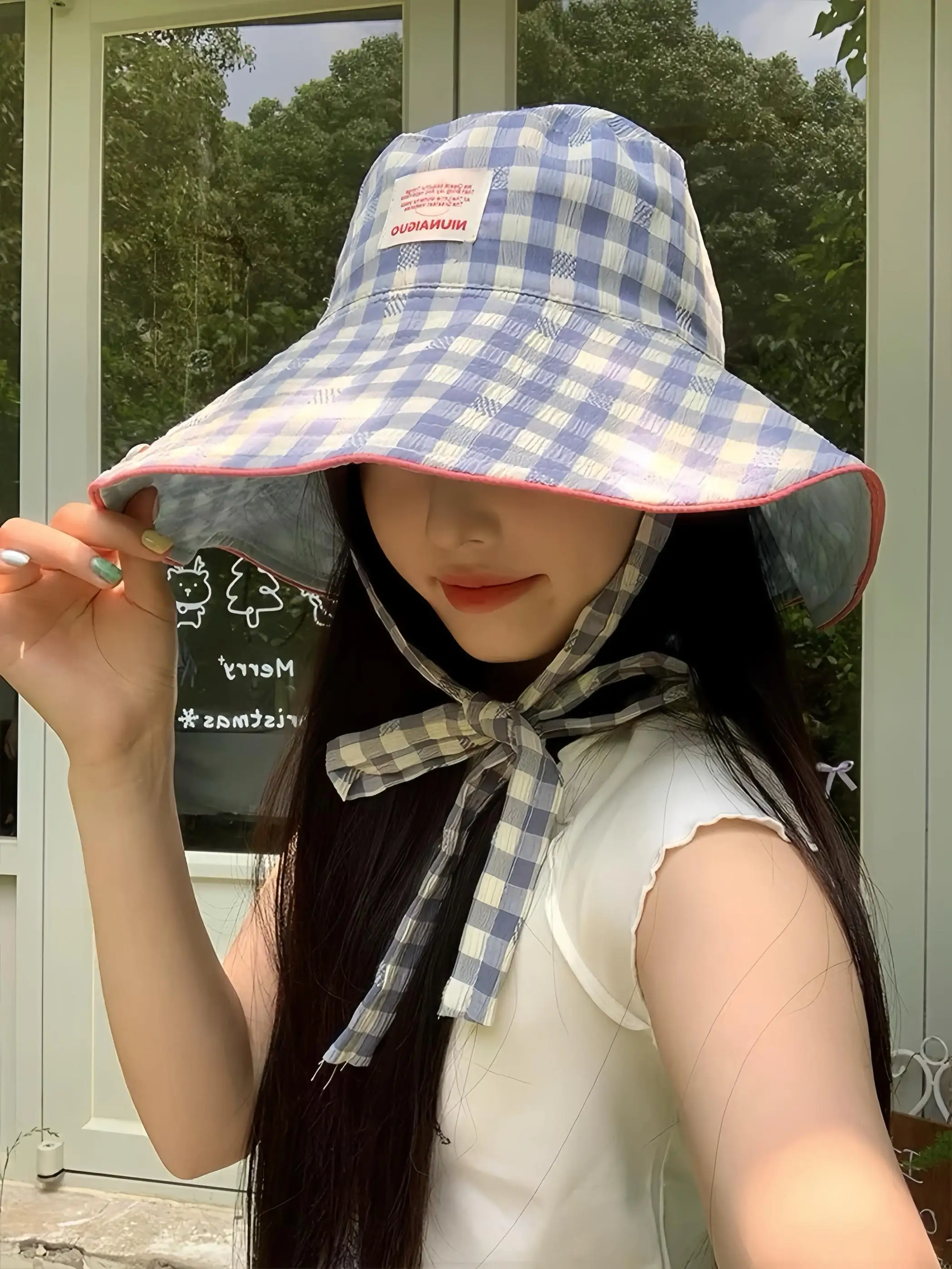

Korean Spring and Summer Plaid Strap Wide Brim Bucket Hat Outdoor Sunshade Reversible Foldable Beach Sun Hats for Women