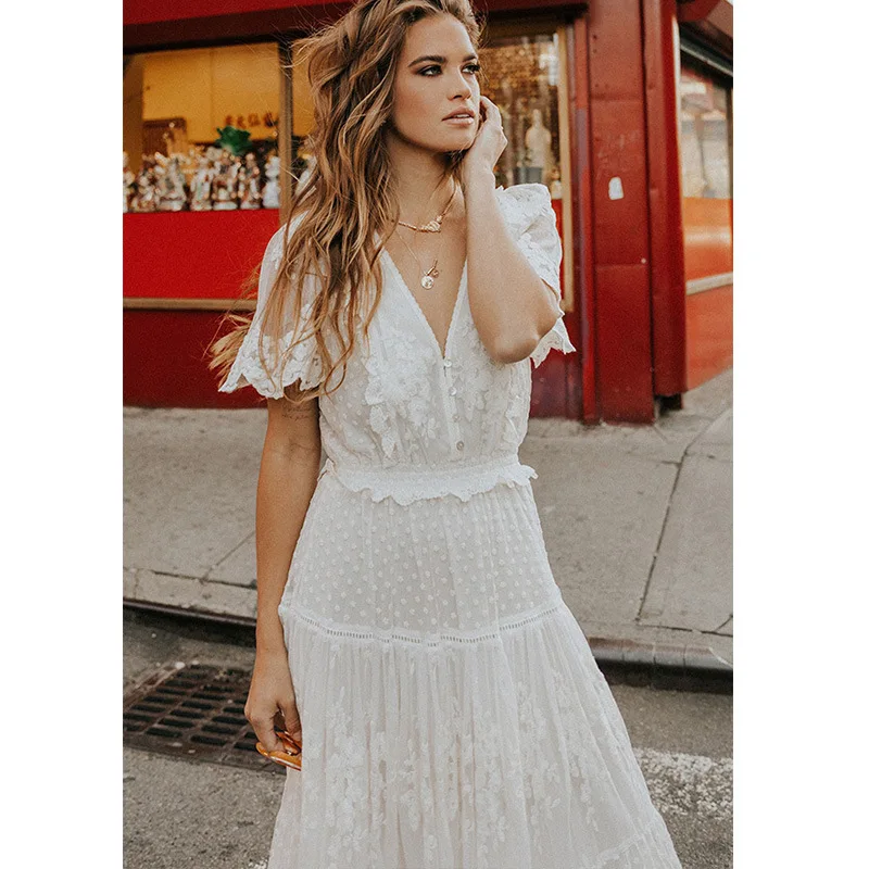 European and american summer new women's v-neck short sleeve lace dress for export
