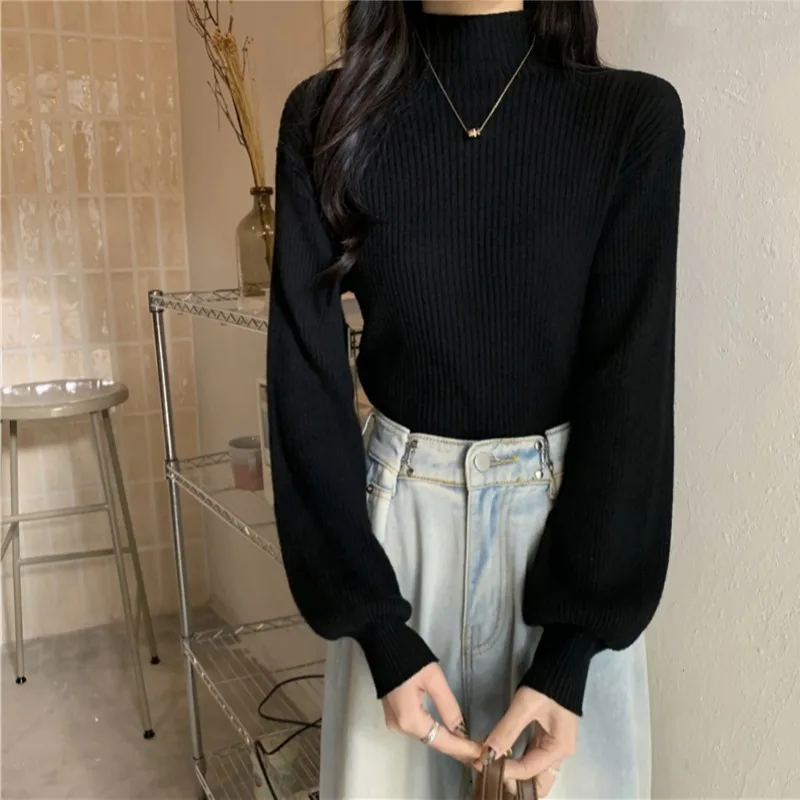 

Loose Knitted f High Collar Bubble Sve mid Ne Bla Sweater Women's Faionable Base irt Autumn Season Sweet Sle
