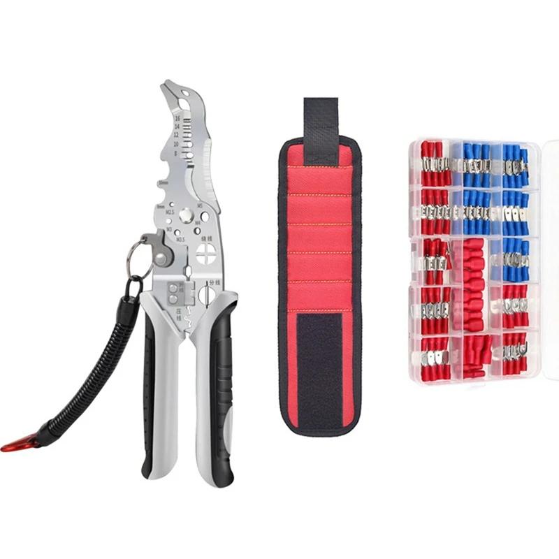 AB15-Cable Tool Set Multi-Function Elbow Wire Stripper With Spring Keychain Magnetic Wrist Cold Terminal Set