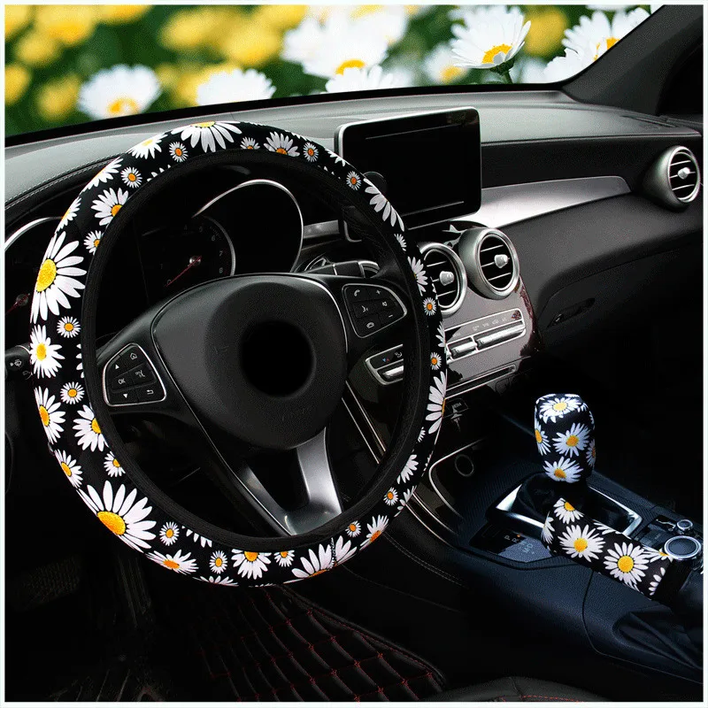 3 Pcs/Set Knitted Styling Interior Accessories Product Universal Car Cute Daisy Flower Steering Wheel Cover Car Interior