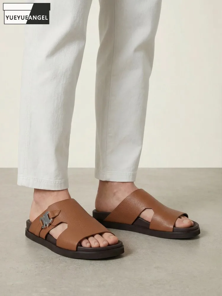 

Men Summer Fashion New Breathable Buckle Cowhide Genuine Leather Slippers Casual Flats Beach Shoes Outside Male Versatile Slides