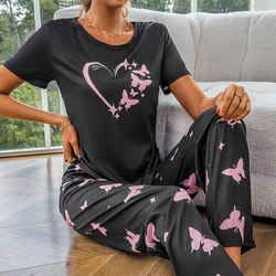 Women Butterfly & Heart Printed Pajama Set Soft Short Sleeve Crew Neck Tops & Elastic Waist Pants Sleepwear Loungewear Nightwear