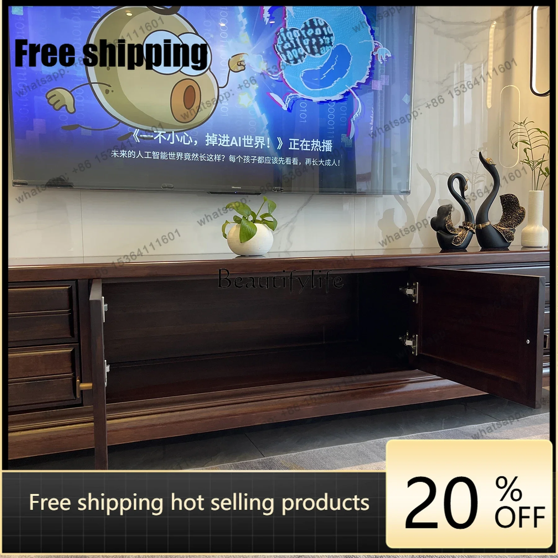 Factory Direct High-end new Chinese ebony TV cabinet coffee table combination high leg Chinese style