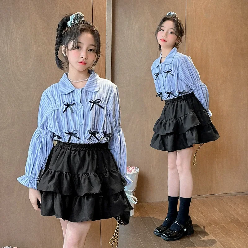 

2024 New Fried Street Girls Spring, Summer and Autumn Fashionable Shirt Pleated Skirt Two-piece Set