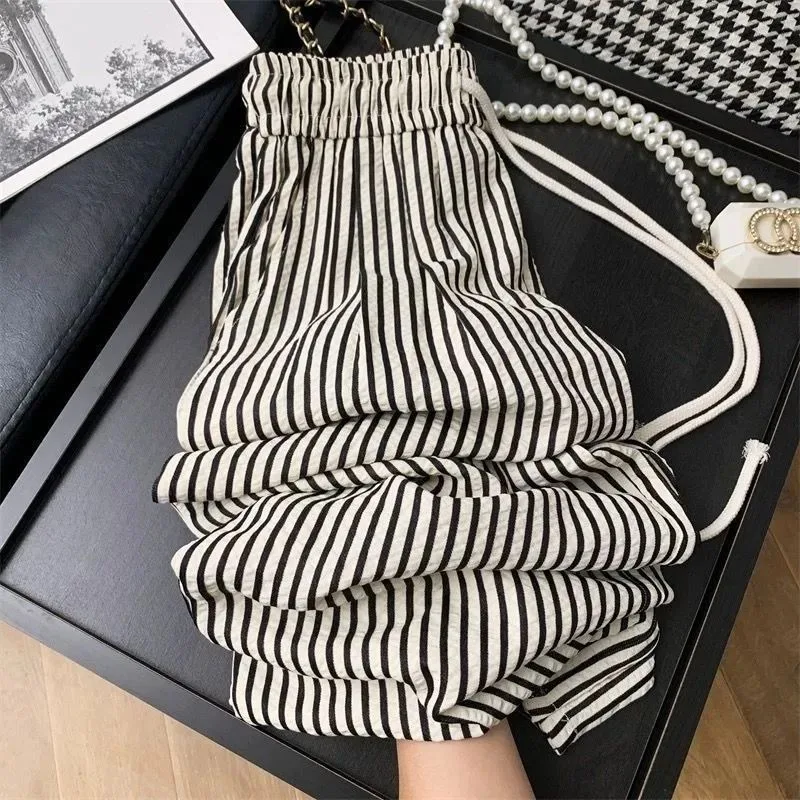 الكورية كسول Sle مخطط ثنى السراويل النسائية الصيف مرونة عالية الخصر رقيقة مستقيم السراويل الطويلة تخفيف Faion #1