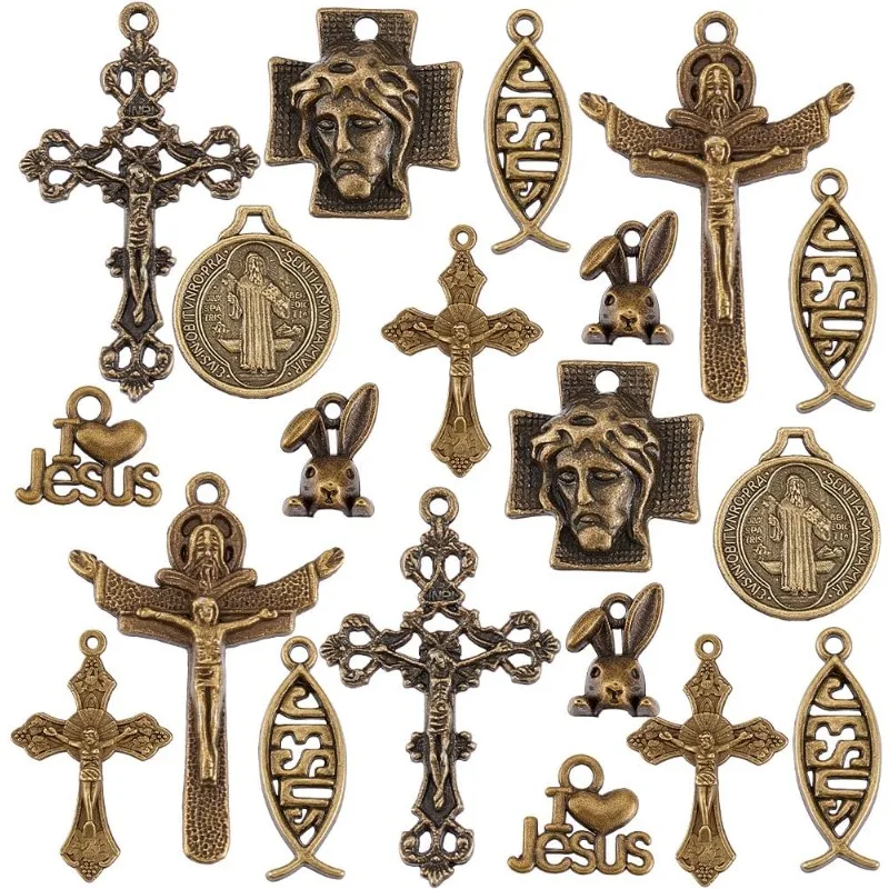 

80PCS Alloy Cross Charms Pendants 8 Style Antique Bronze Catholic Rosary Crucifix Cross Charms Rabbit Fish Heart