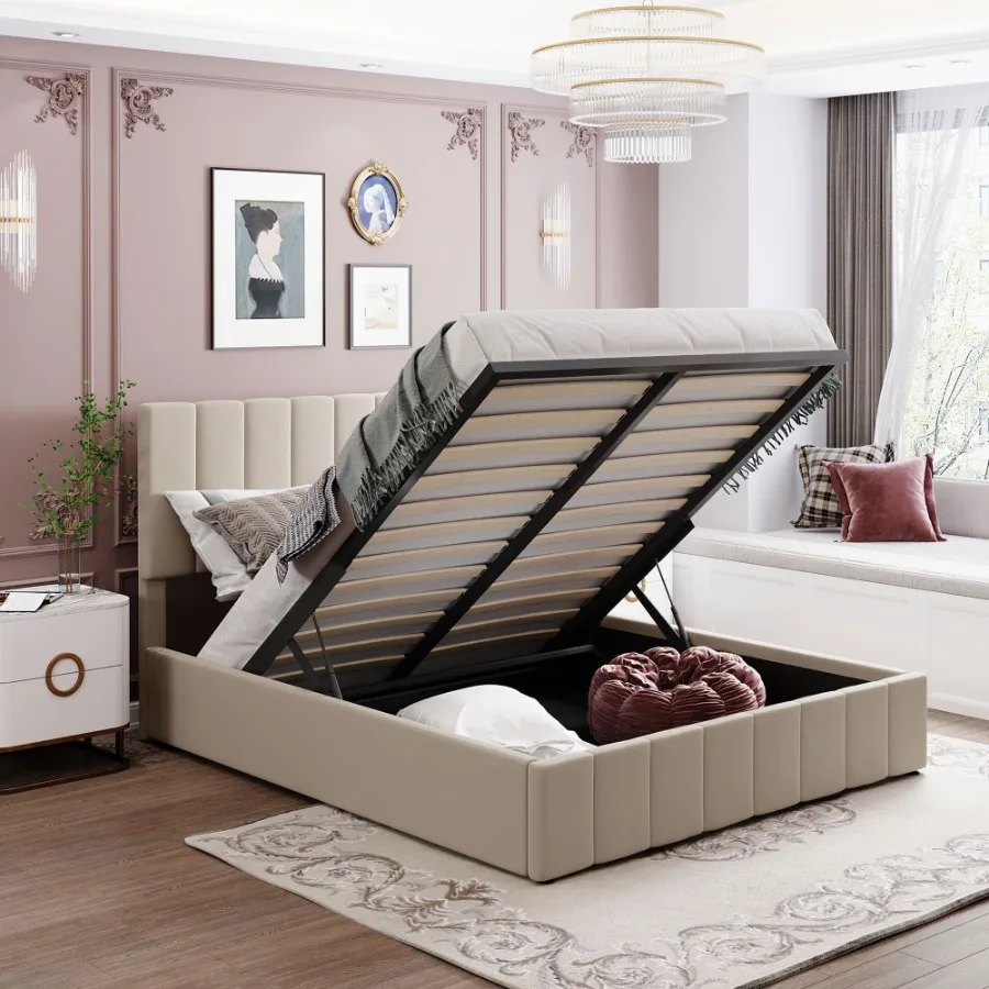 

Queen size Upholstered Platform bed with a Hydraulic Storage System Beige OLD SKU: LP000211AAA