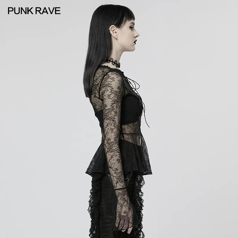 PUNK RAVE Women's Gothic Big Round Neck Trumpet Cuff Light Lace T-shirt Black Enlarged Hem Tops Spring Summer Women Clothing