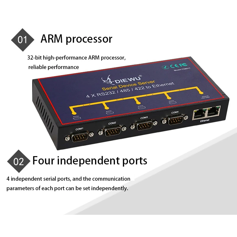 Serial Device Server Ethernet to 4 Serial Server Internet Splitter Adapter Serial RS232 RS485 RS422 to Ethernet Converter 100M