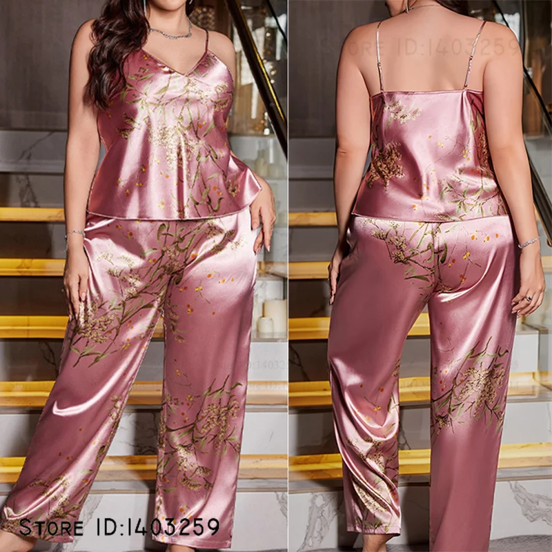 

Plus Size 3XL-5XL Female Pajamas Set Chemise Sleepwear Sexy Print Cherry Floral Suspender Trouser Pijamas Suit Rayon Homewear