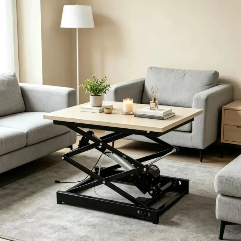 Wood Top Electric Scissor Lift Table Mobile Adjustable Stand Coffee Table Frame 24V Small Lifting Platform