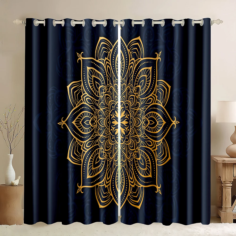 

Boho Blackout Curtains,Abstract Texture Art Mandala Flowers Blue Gold Thick Curtains for Living Room Bedroom Window Drapes Decor