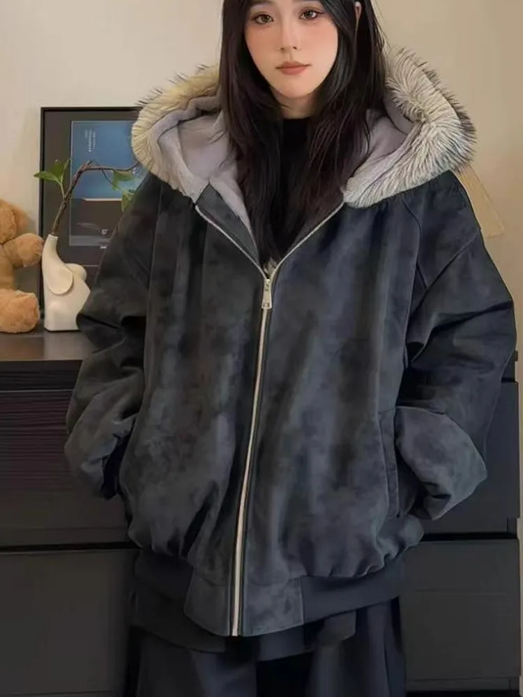 Nuovo Cappotto Primaverile da Donna in Cotone con Cappuccio e Pelliccia Sintetica, Design Aquila Marmorizzata, Vestibilità Ampia e Calda