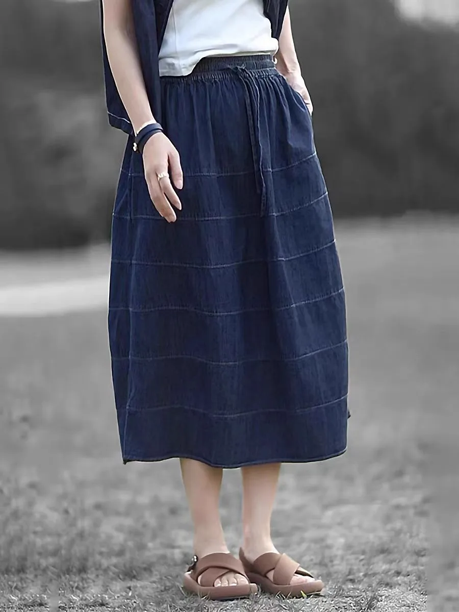 

Повседневная корейская юбка-миди трапециевидной формы с высокой талией, женская летняя полосатая эластичная талия, свободная юбка-бутон с цветочным принтом