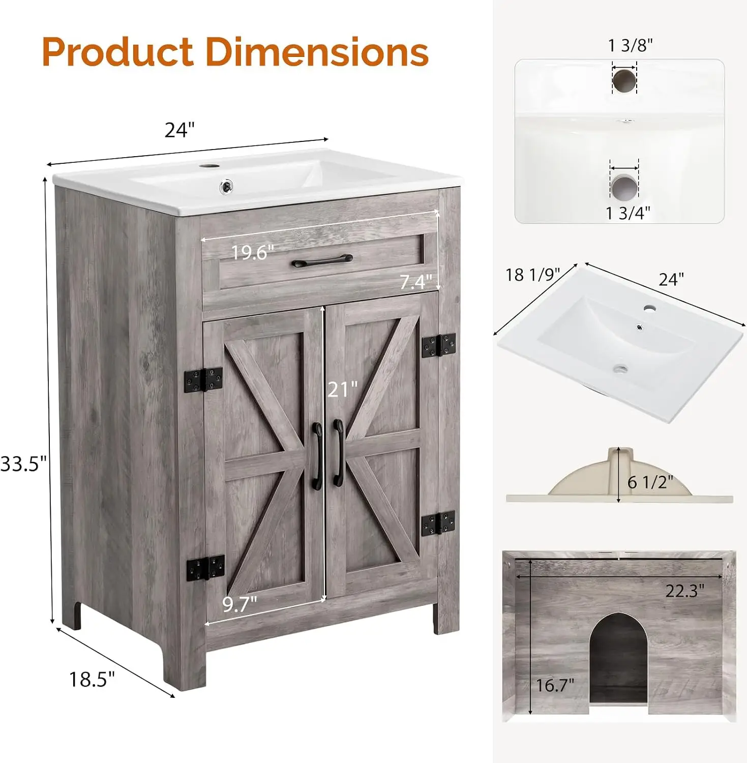 Farmhouse Bathroom Vanity with Sink, Undermount Vanity Sink Cabinet with Barn Door &Shelf, Customized