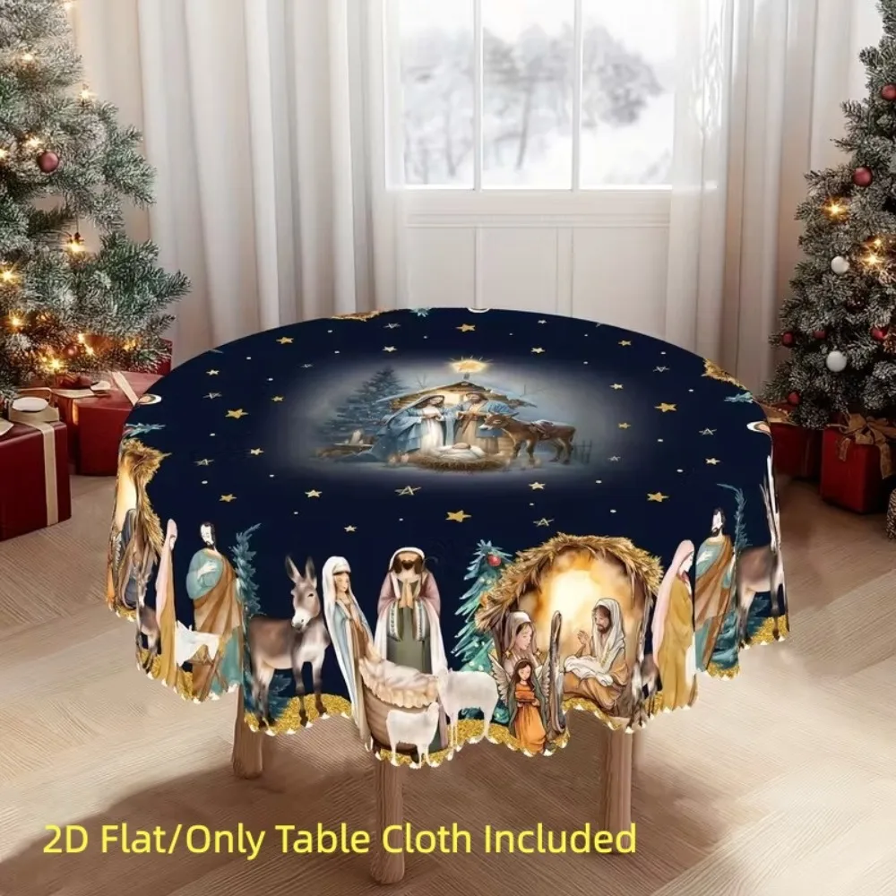 Waterproof 2D Flat Tablecloth Red Green Contrast Color Candy Stripe Christmas Round Tablecloth Polyester Stain-resistant