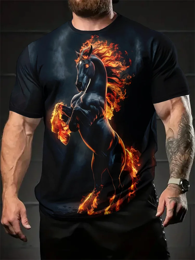 

3D Horse Graphic Print Crew Neck T-shirt For Men Casual Fashion Hip-hop Breathable Short Sleeve Tees Y2K Harajuku Unisex Clothes