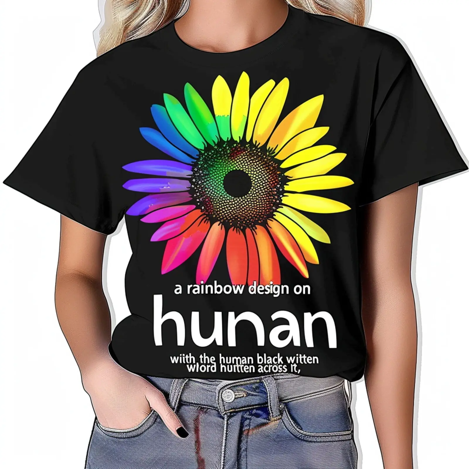 

Vibrant Rainbow Sunflower Design Black T Shirt with 'Human' Word