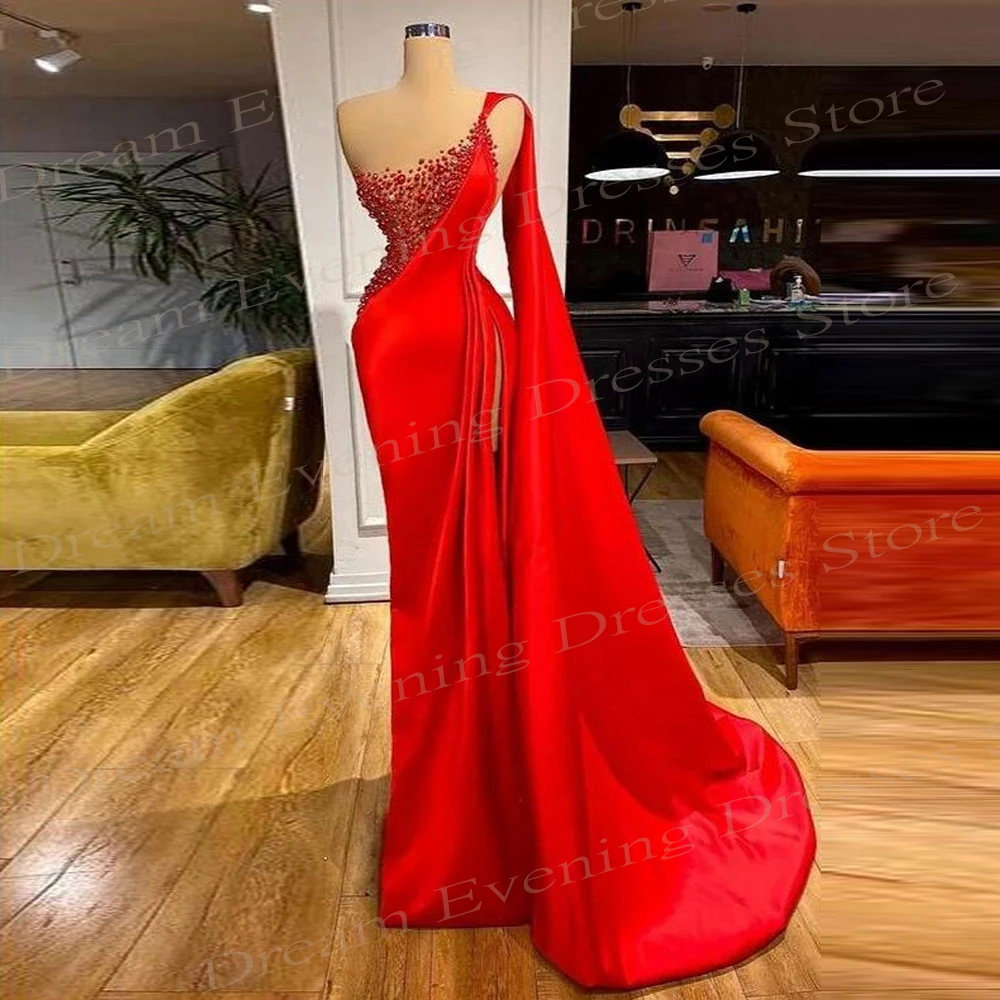 Beautiful Red Women\'s Mermaid Evening Dresses Sexy One Shoulder Beaded Customized Prom Gowns Formal Occasion فساتين حفلة موسيقية