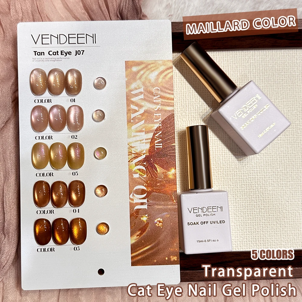 Vendeeni 5 Farben/Set Kristall-Katzenaugen-Gel-Nagellack Magnetischer UV-Soak-Off-Gel-Lack Braun Nude Rosa Gel-Lack mit Display – Detail 6
