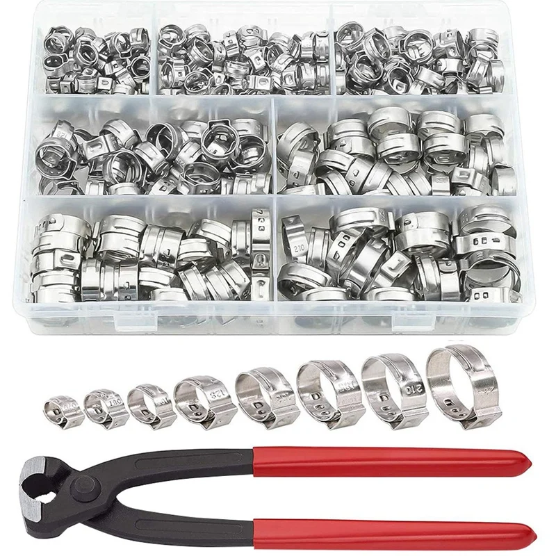 131 PCS Single Ear Hose Clamps Stainless Steel PEX Clamps Stepless Clamps For Pipe Fittings, Compression Ring Clamps