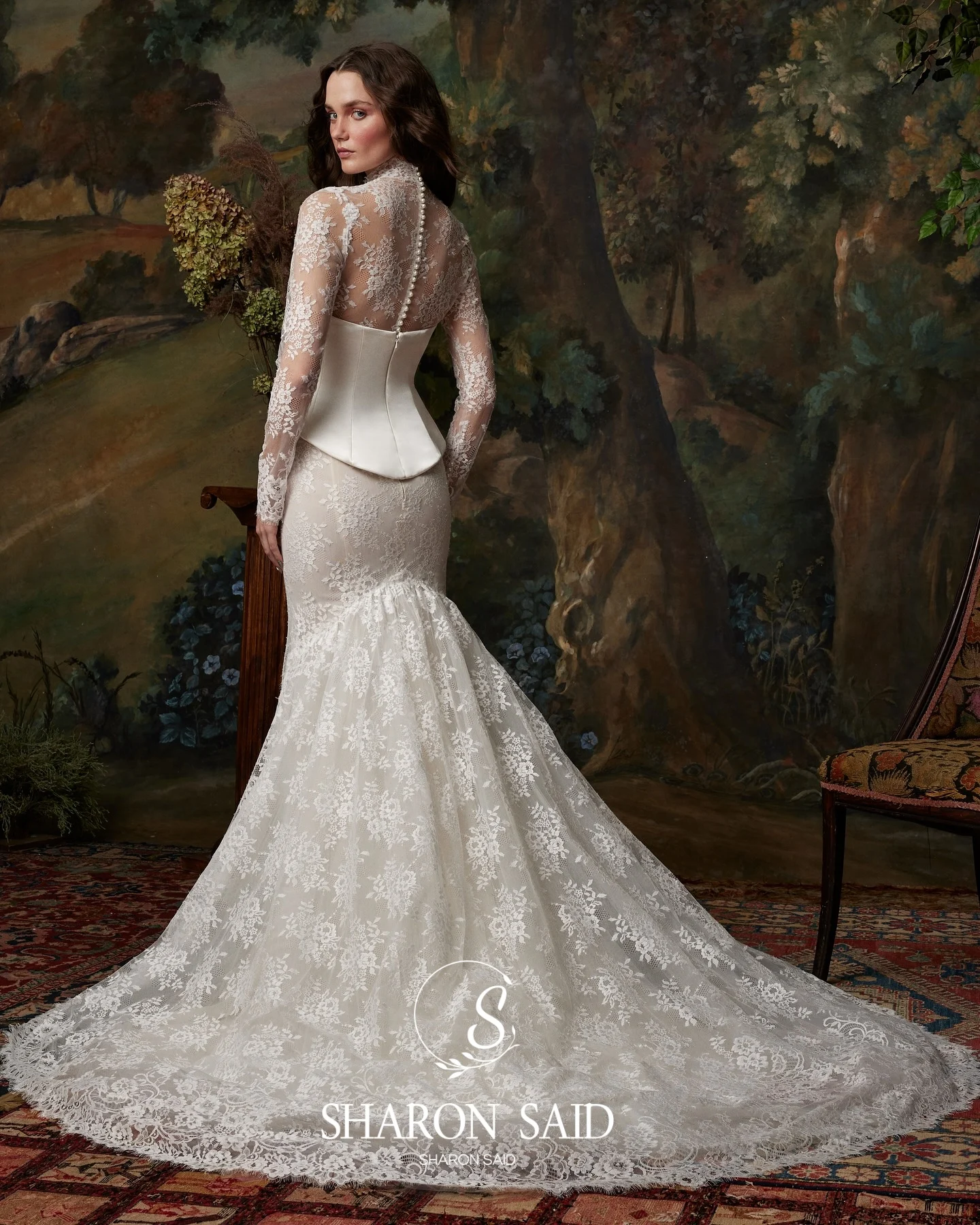 Sharon Said Corset High-neck Mermaid Lace Off White Wedding Dress 2026 Vintage Long Sleeves Satin Bride Gowns SW080 Customized