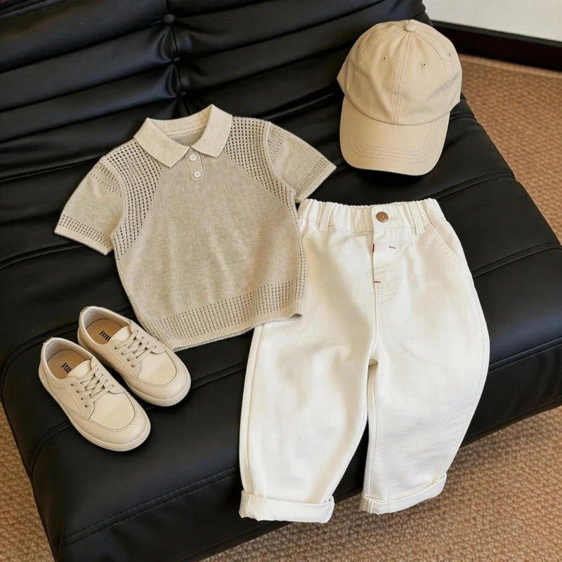 2026 Summer New Children's Retro Hollow Breathable Knitted Polo Shirt and Casual Straight Leg Pants Two Piece Set