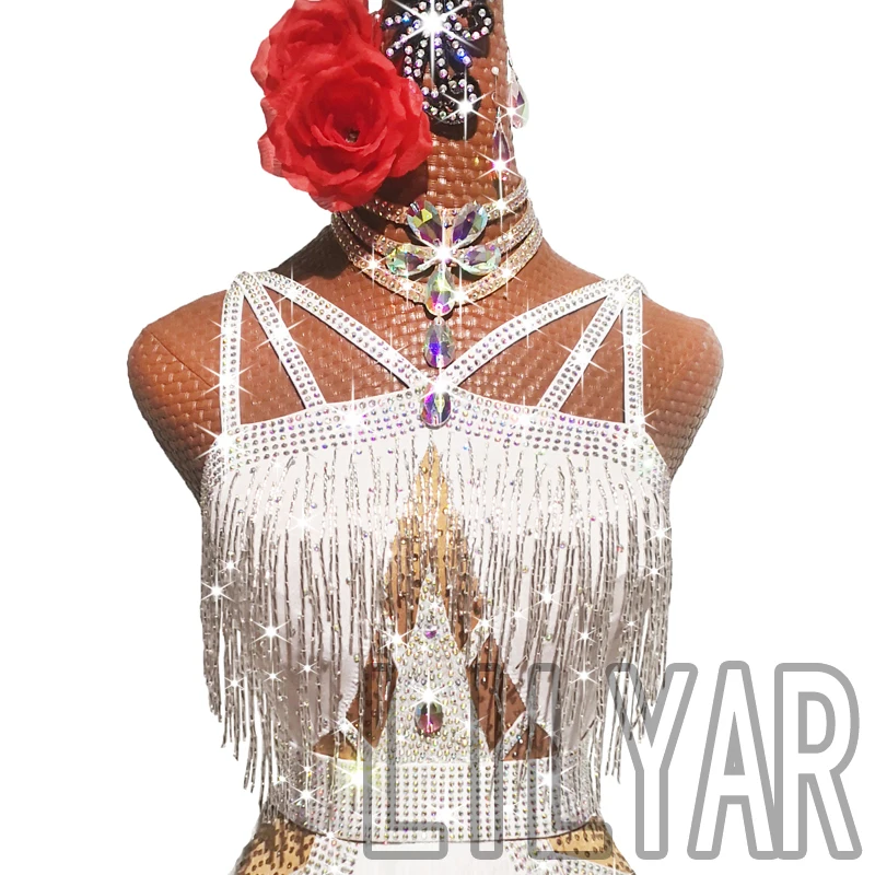 New Latin Dance Competition Performance Dress White Fringe High-Grade Bead Tube Slim Latin Dance Dress