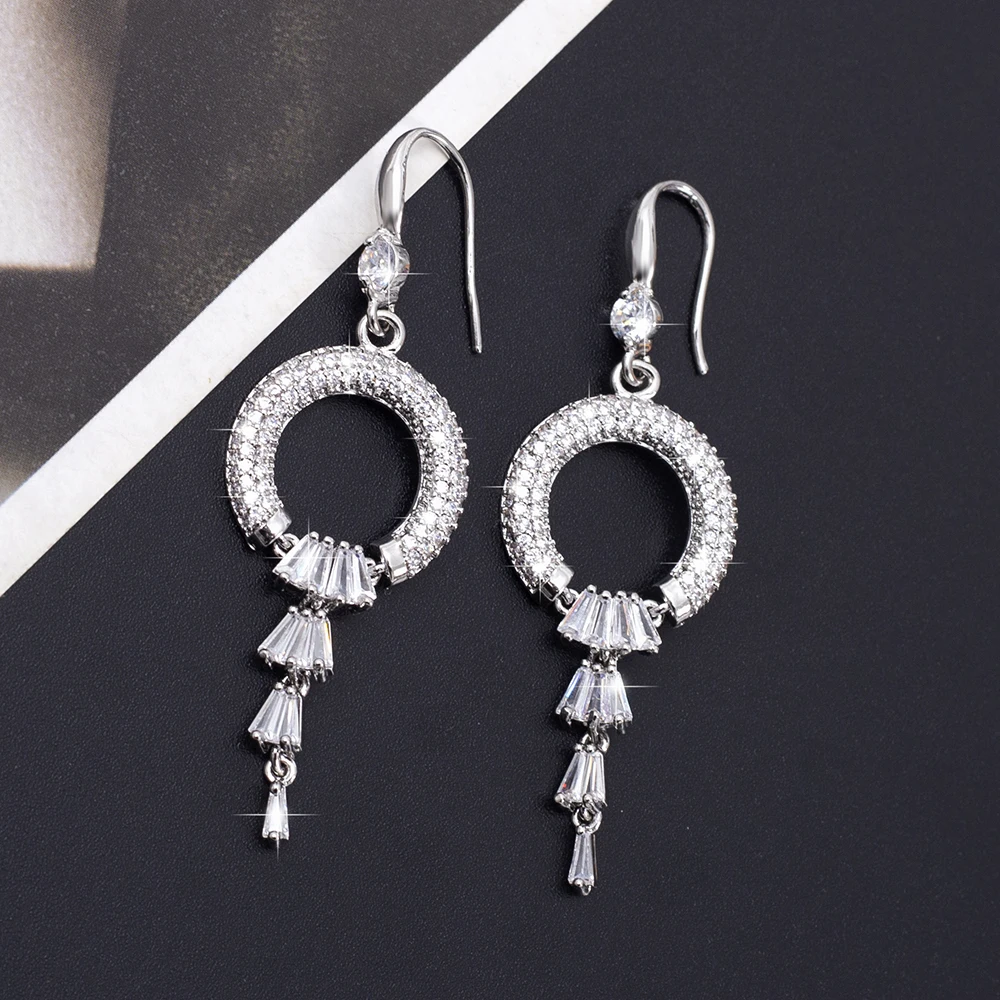 Fashion Hollowed Circle Full Zircon Tassel Earrings For Women Luxury Crystal Trend 2024 Dangle Drop Jewelry Wedding Accessories