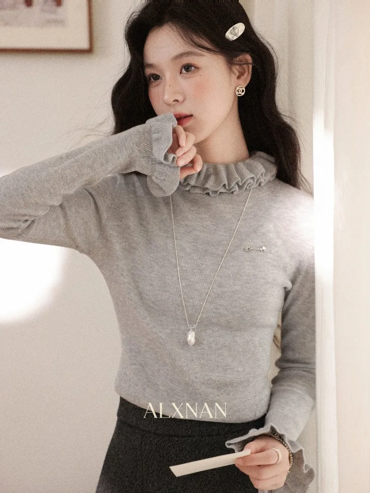 Alxnan feminino cinza lã mock neck suéteres babados guarnição manga longa camada térmica pullovers outono inverno malha topos l59893