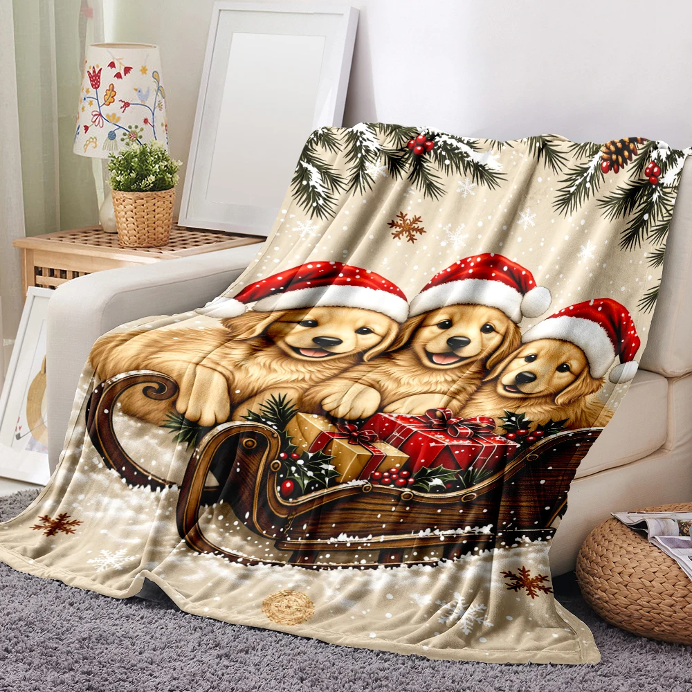 1PC Christmas Golden Retriever Puppy Print Blanket-Made of soft, fluffy flannel, perfect for a sofa, bed or lounge chair. Ideal