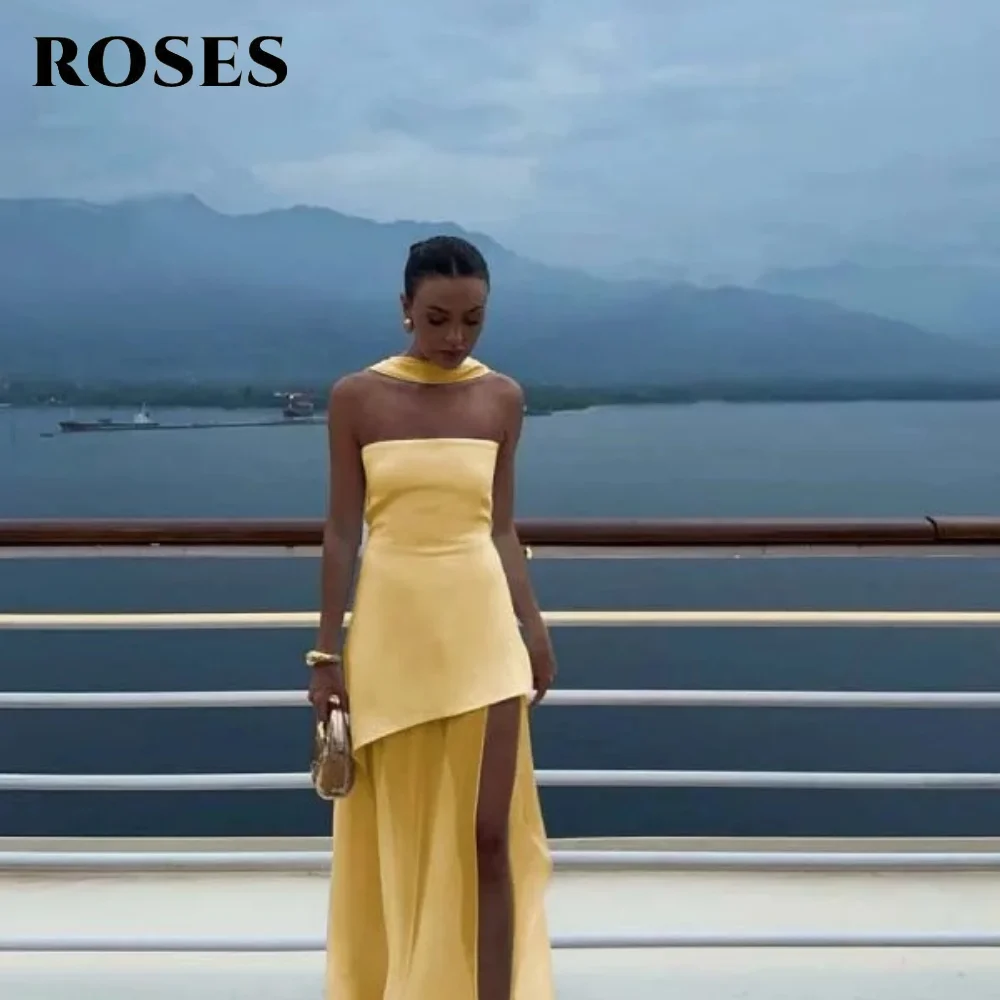 

ROSES Yellow Prom Dresses Strapless Gala Dress with Scarf Satin Saudi Arabic Split Sleeveless Evening Party Gowns Customized