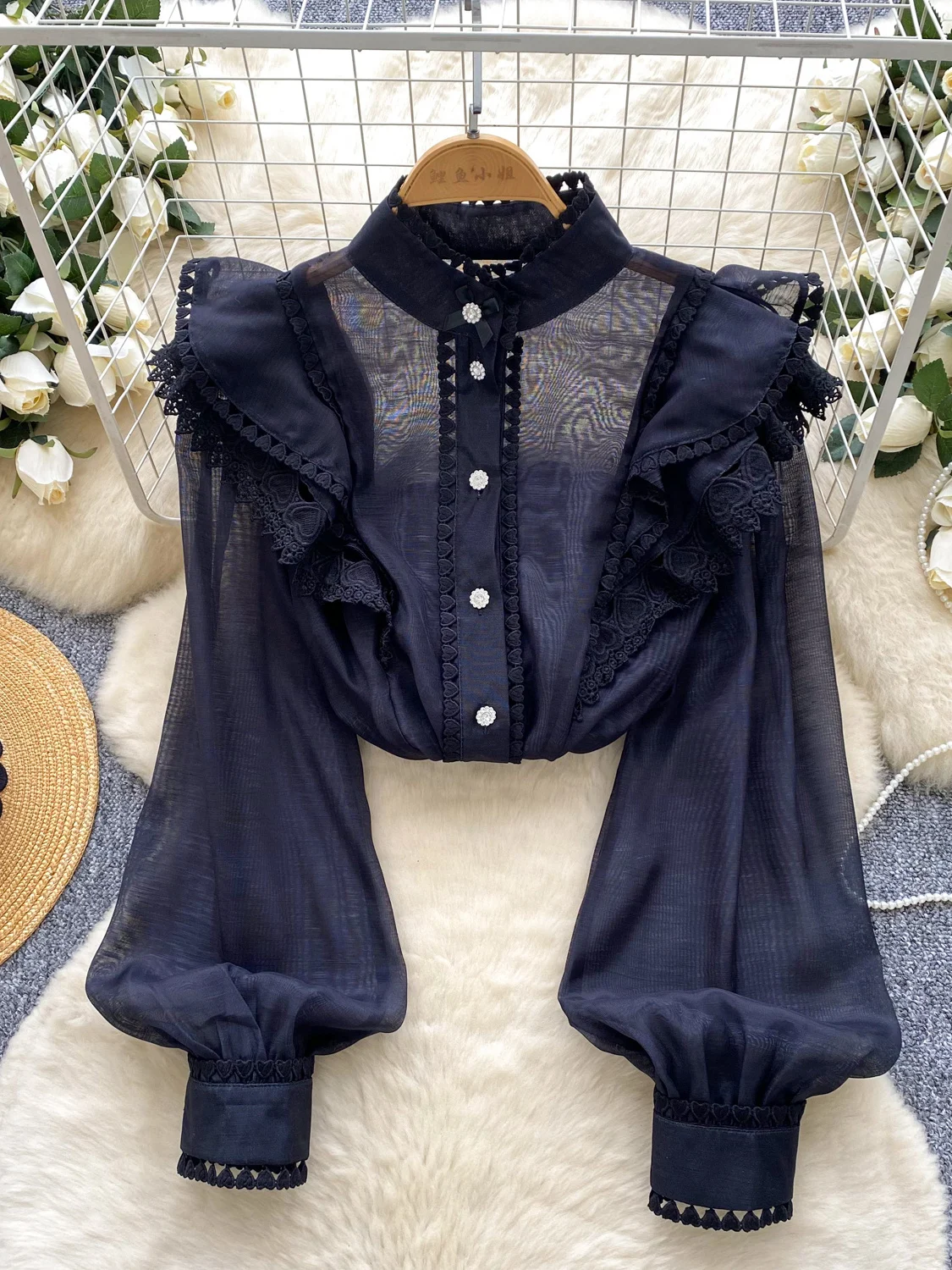 

Loose Fit Long Sleeve Stand Collar Single Button Lace Trim Shirt Women's Autumn Thin Style Base Layer Top Court Style Fashion