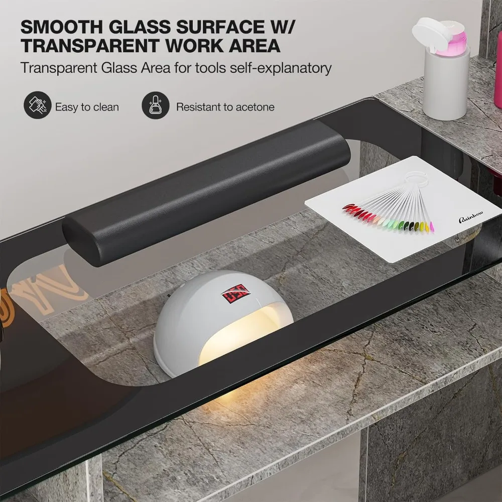 Manicure Table with LED Light, L-Shaped Glass Top Nail Tech Table w/2 Storage Shelves, Upwards Cabinet Door,Corner Nail Station