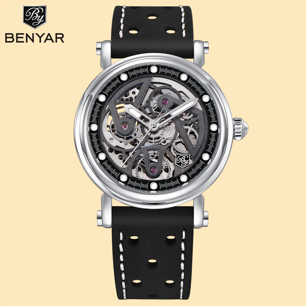 

BENYAR 2024 NEW Skeleton Men's Automatic Mechanical Wristwatches Luxury Stainless Steel Fashion Watch for men