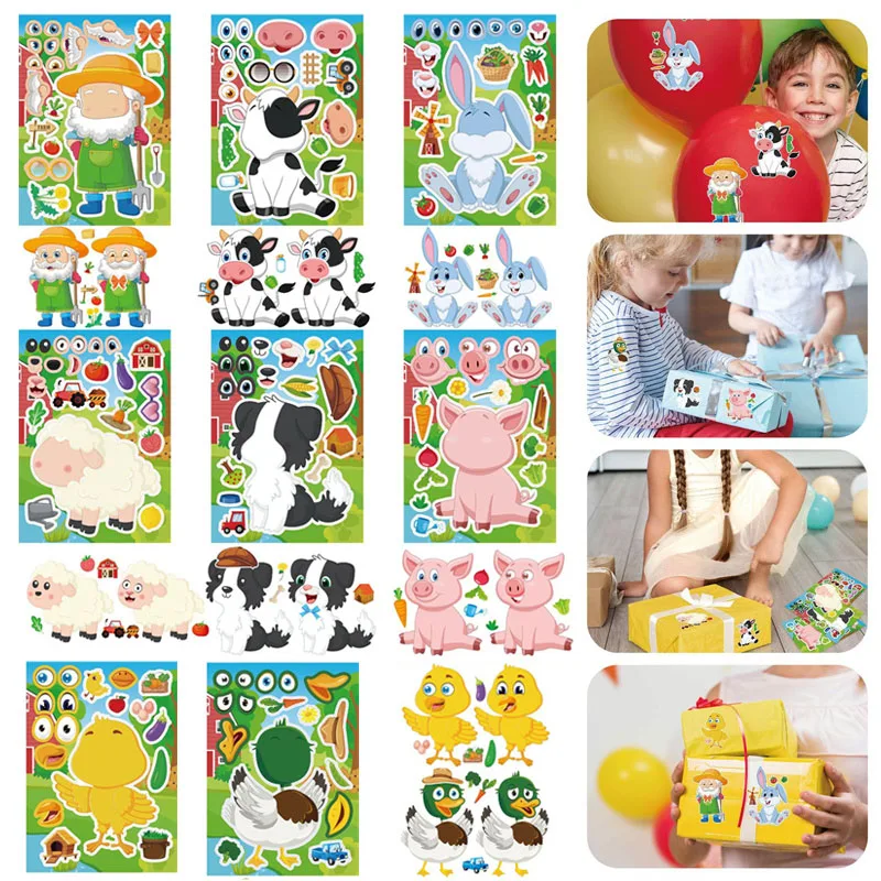 Cute Farm Themed Cartoon Stickers for Kids Make A Duck Chick Rabbit Animal Farmer Face Stickers Puzzle Jigsaw Children Games Toy